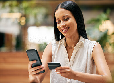 Buy stock photo Ecommerce, payment and phone of woman with credit card happy with internet app purchase in Brazil. Website, online shopping and smartphone girl checking banking card information for transaction.