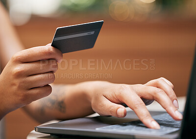Buy stock photo Hands, laptop and credit card with a woman online shopping for a retail sale or deal as a customer. Computer, finance and ecommerce with a female consumer making a payment via the internet