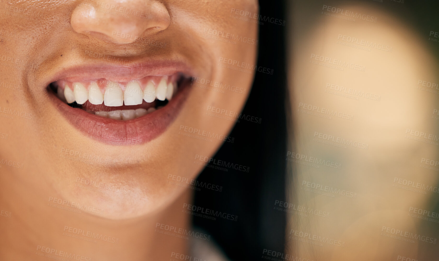 Buy stock photo Smile, mouth and face macro of woman inside for happiness, beauty and wellness for friendly dentist. Healthcare, dental care and zoom of happy girl with big smile, healthy teeth and natural skin