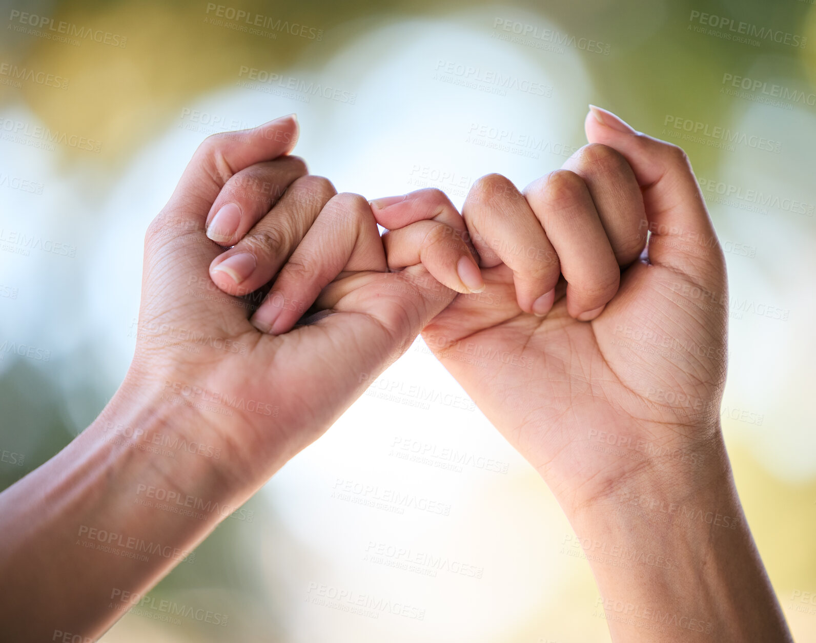 Buy stock photo Friends hands, promise and hook fingers for support, trust and love together in nature outdoor. Zoom women and connect pinky hand in hope, respect and commitment link of save the date relationship