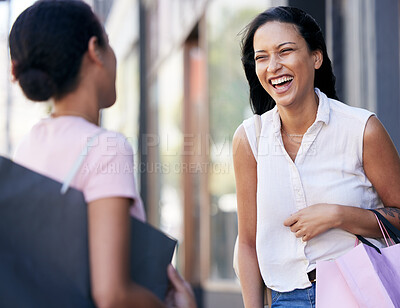 Buy stock photo Woman, friends and laughing with shopping bags for conversation, catch up or social communication in the outdoors. Happy women enjoying funny shopping spree, talking or speaking together about sales
