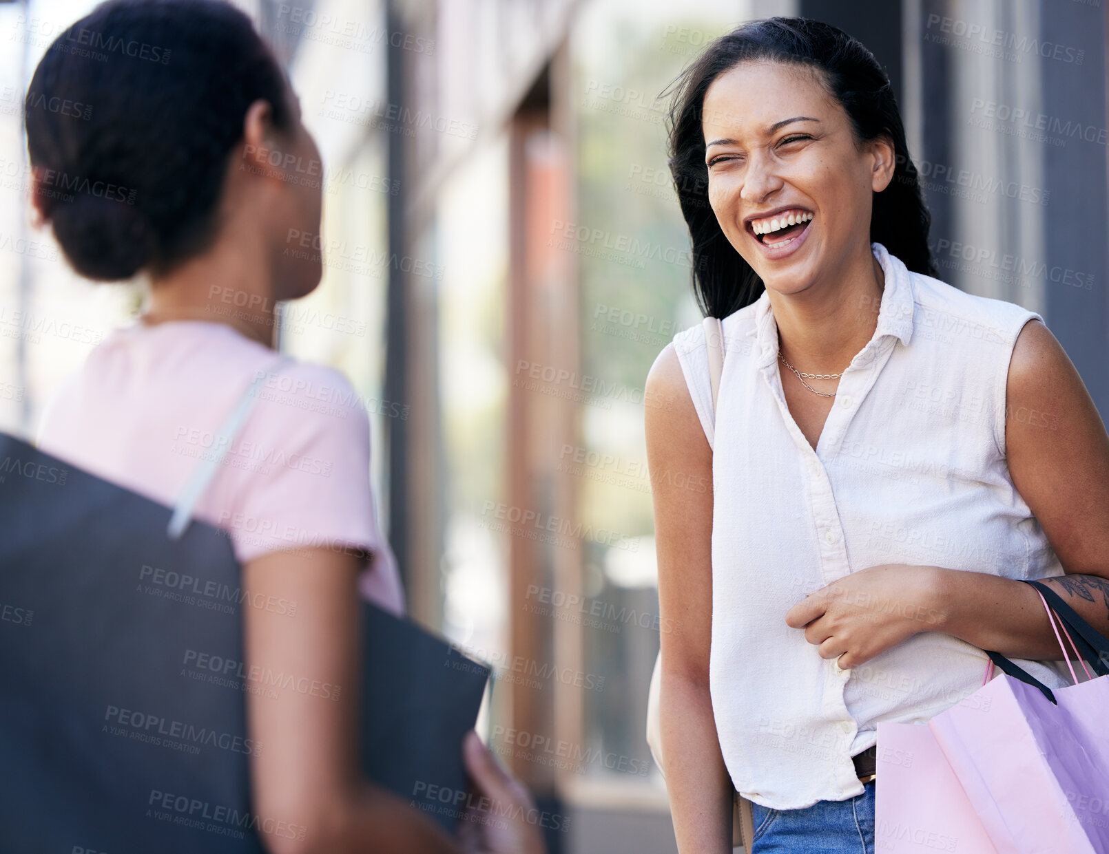 Buy stock photo Woman, friends and laughing with shopping bags for conversation, catch up or social communication in the outdoors. Happy women enjoying funny shopping spree, talking or speaking together about sales