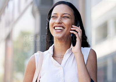 Buy stock photo Phone call, cellphone and young happy woman in the city commuting to work or the office. Happiness, smile and professional lady from Brazil on mobile conversation while walking in a urban town street