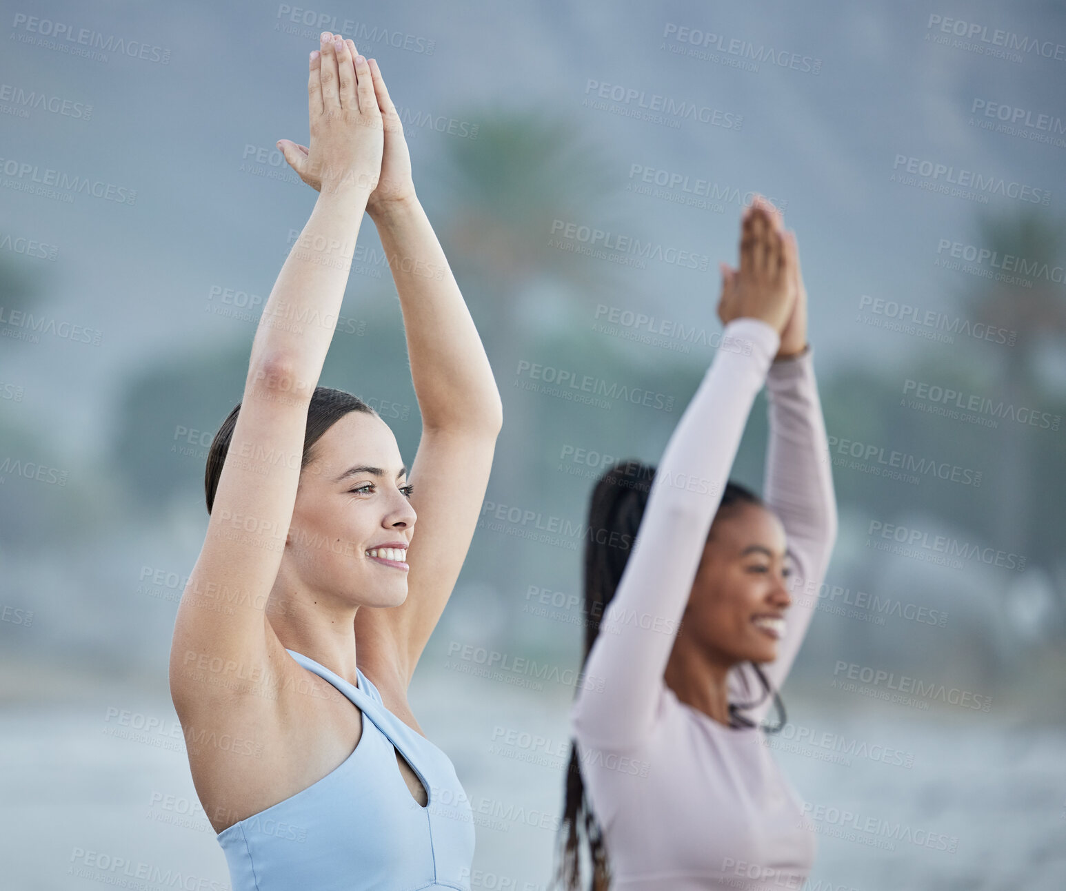 Buy stock photo Yoga, fitness friends and nature workout while outdoor in tree pose for peace, balance and zen training with smile, happiness and mindfulness. Pilates woman and partner doing morning wellness routine