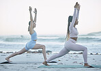 Beach, fitness and yoga women or friends stretching for workout, exercise and training with ocean for peace, calm and zen. Pilates, cardio and accountability people with muscle and body health at sea
