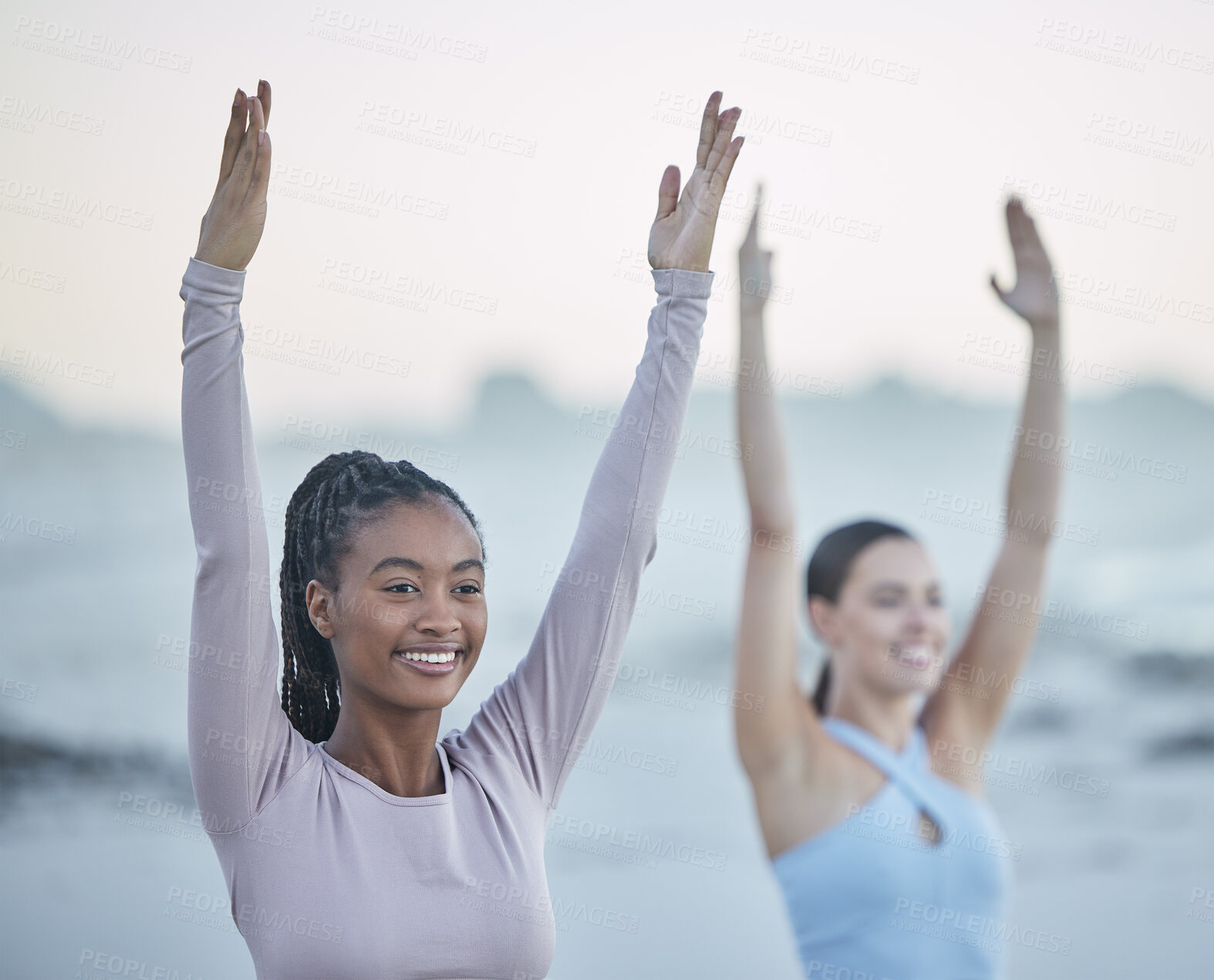 Buy stock photo Yoga friends, fitness and exercise outdoor in nature for happiness, peace and balance during tree pose workout to relax. Black woman with pilates partner at beach for morning mindfulness for health