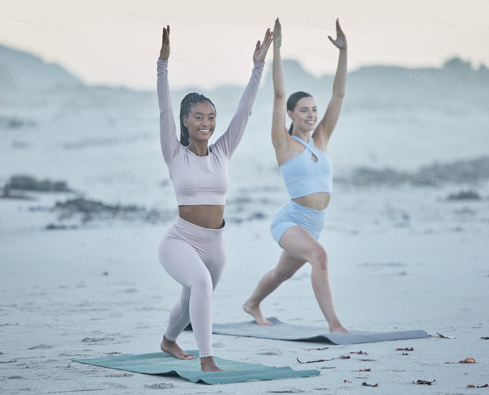 Buy stock photo Yoga, fitness and beach with woman friends together on the sand for exercise, mental health and wellness. Nature, diversity and training with a female yogi and friend exercising while bonding outside