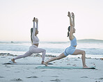Women friends, beach and yoga stretching in morning sunshine for health, wellness or chakra balance. Woman group, teamwork and zen mindfulness by ocean for healthy workout, self care or meditation