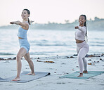 Friends, yoga and stretching on the beach for health, wellness and body fitness by the ocean. Seaside, sport and active women yogi with friendship for active, fit and peaceful workout or exercise 