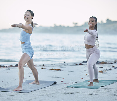 Buy stock photo Friends, yoga and stretching on the beach for health, wellness and body fitness by the ocean. Seaside, sport and active women yogi with friendship for active, fit and peaceful workout or exercise 