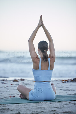 Buy stock photo Yoga, beach and woman stretching, sand and relax for peace, calm or wellness outdoor. Female, girl and seaside for meditation, health and zen for fitness, exercise and training for pilates and sunset