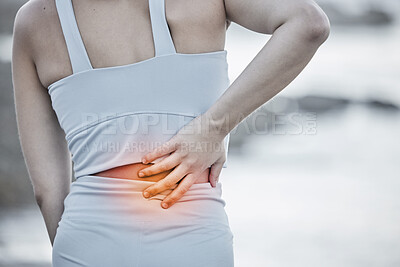Buy stock photo Woman, back pain and red sports injury after exercise, running or cardio workout outdoor with hand on body for medical problem. Spinal, burnout and tired and hurt female after training accident