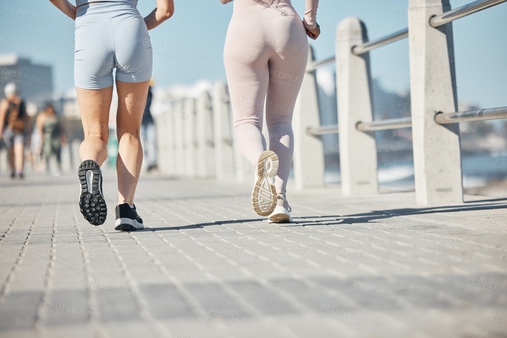 Buy stock photo Beach, running and couple of friends legs for sports training, fitness and exercise together in summer wellness, support and accountability. Runner, athlete and marathon people feet in workout by sea