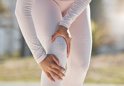 Buy stock photo Knee pain, fitness and woman hands massage in park training, workout or exercise accident with healthcare insurance background. Joint paint, muscle or legs injury of sports, runner or athlete at risk