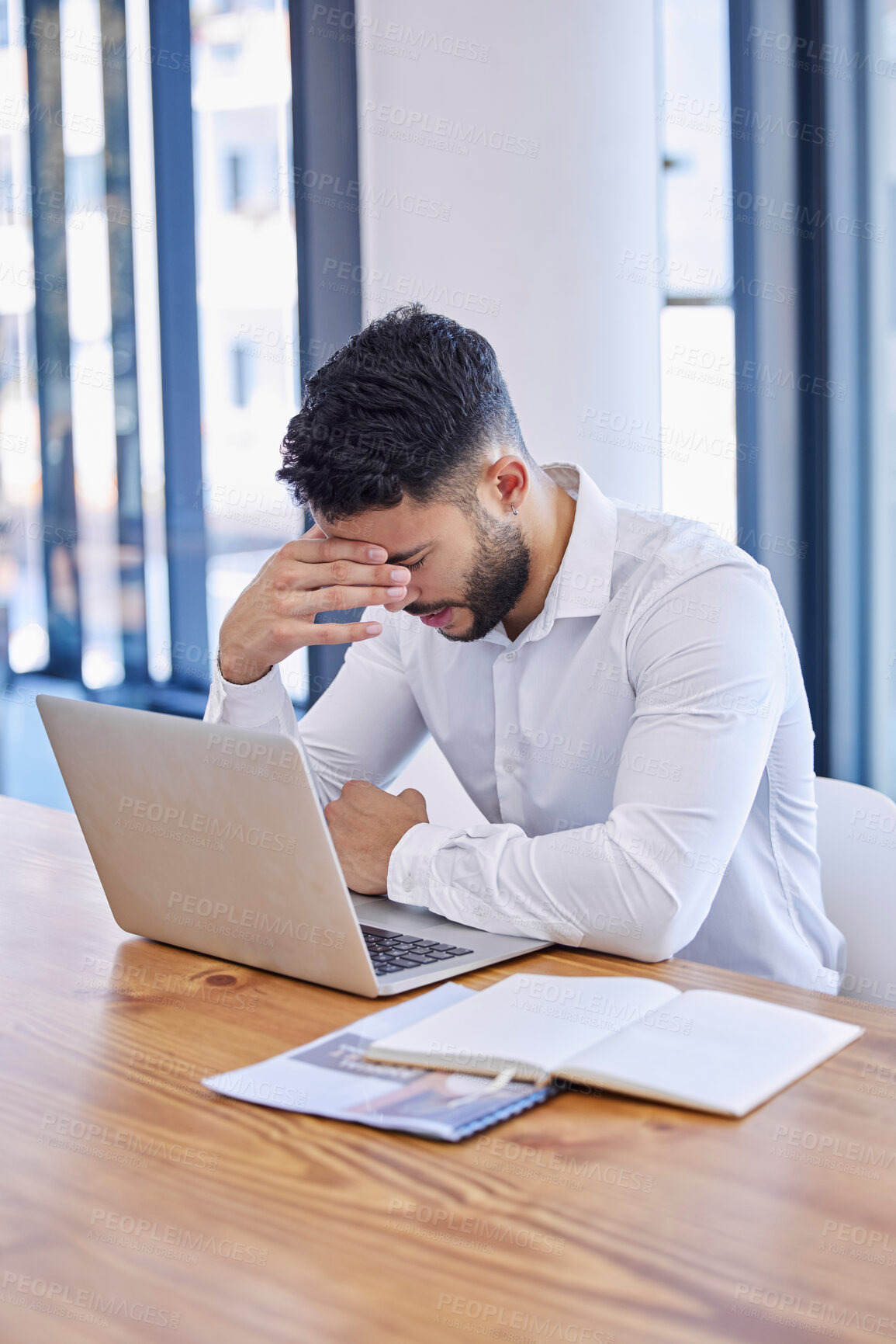 Buy stock photo Headache, stress and businessman with burnout, anxiety and mistake on laptop 404 glitch, fail or risk. Tired, sad and confused manager, mental health and pain of tax audit, debt crisis and bankruptcy