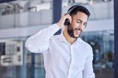 Buy stock photo Business man, headphones and listening to music in office for motivation, inspiration or freedom on break. Happy young worker listen to audio, radio or podcast for happiness, smile and fun in startup