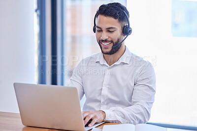 Buy stock photo Man, customer service and telemarketing call center agent using laptop and headset in the office. Contact us, sales and help desk job, smile and working to tell you about us in crm business workplace