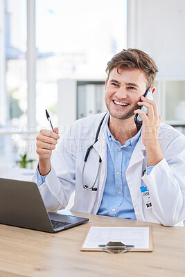 Buy stock photo Man, doctor or phone call in hospital office for networking, life insurance help or surgery planning. Smile, happy or talking healthcare worker and communication technology, laptop or clipboard paper