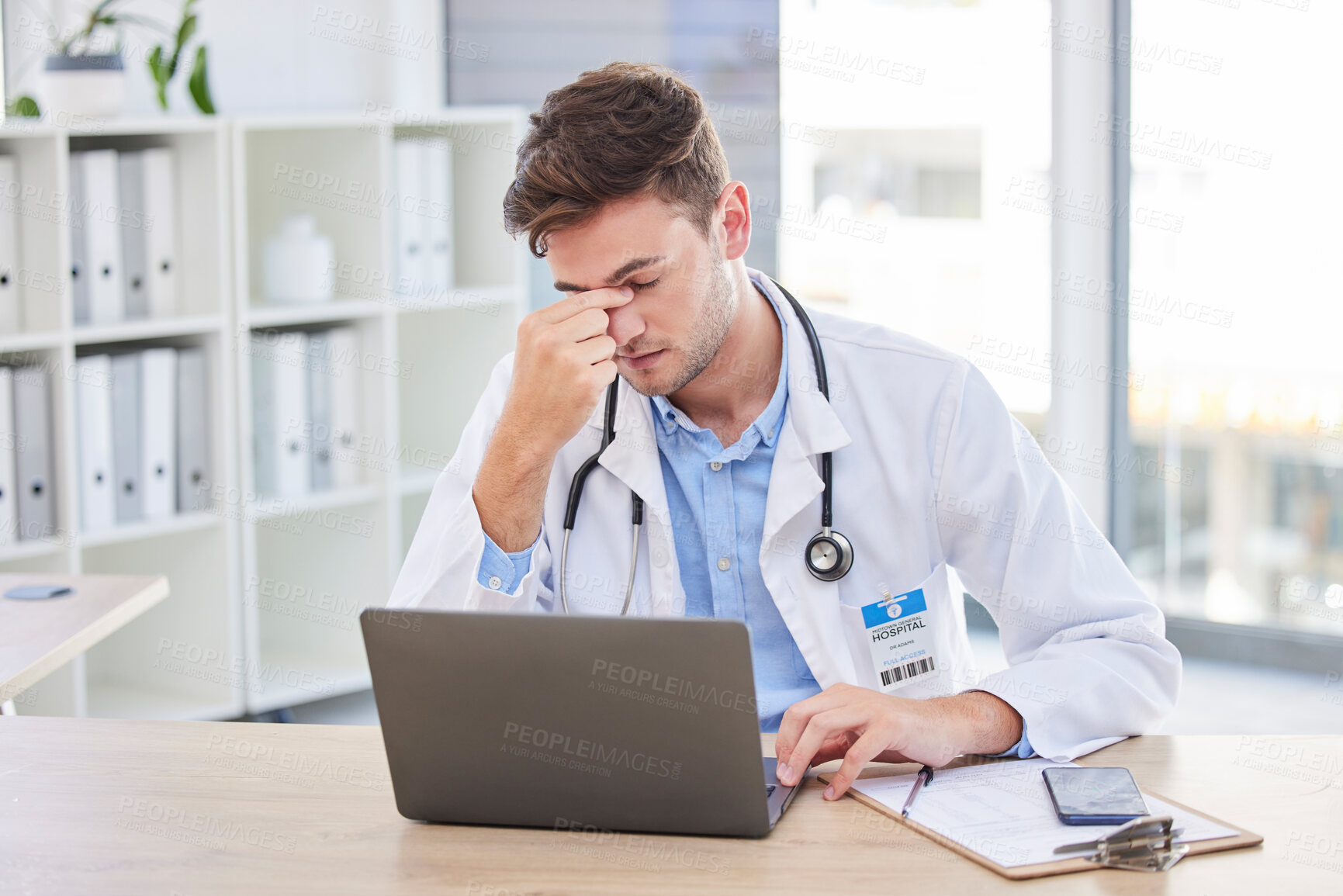 Buy stock photo Headache, tired and stress of doctor from digital results, computer glitch and work risk. Burnout, working and consulting healthcare worker with anxiety from medical, health clinic and medic report