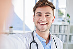 Happy, portrait or doctor taking a selfie for a social media profile picture in a healthcare hospital on a break. Relaxing, man or face of medical worker taking pictures with pride or smile in office