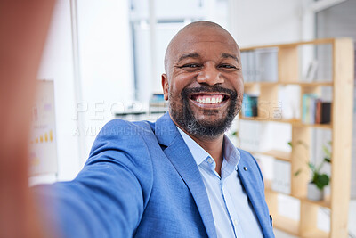 Buy stock photo Office selfie, business and portrait of black man, ceo or company leader happy with financial sales profit. Work break, African and face of entrepreneur with smile for startup small business success