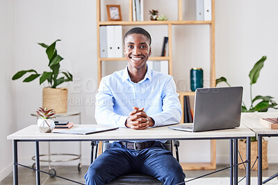 Buy stock photo Black man, office and portrait of a accounting manager at a desk ready for work on African business. Happy, accountant and business man with.a smile about financial, investment and company growth