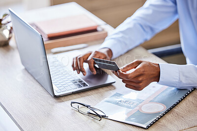 Buy stock photo Credit card, laptop and finance with hands of businessman for investments, savings or online shopping. Accounting, fintech and digital payment with black man customer for budget, banking or trading