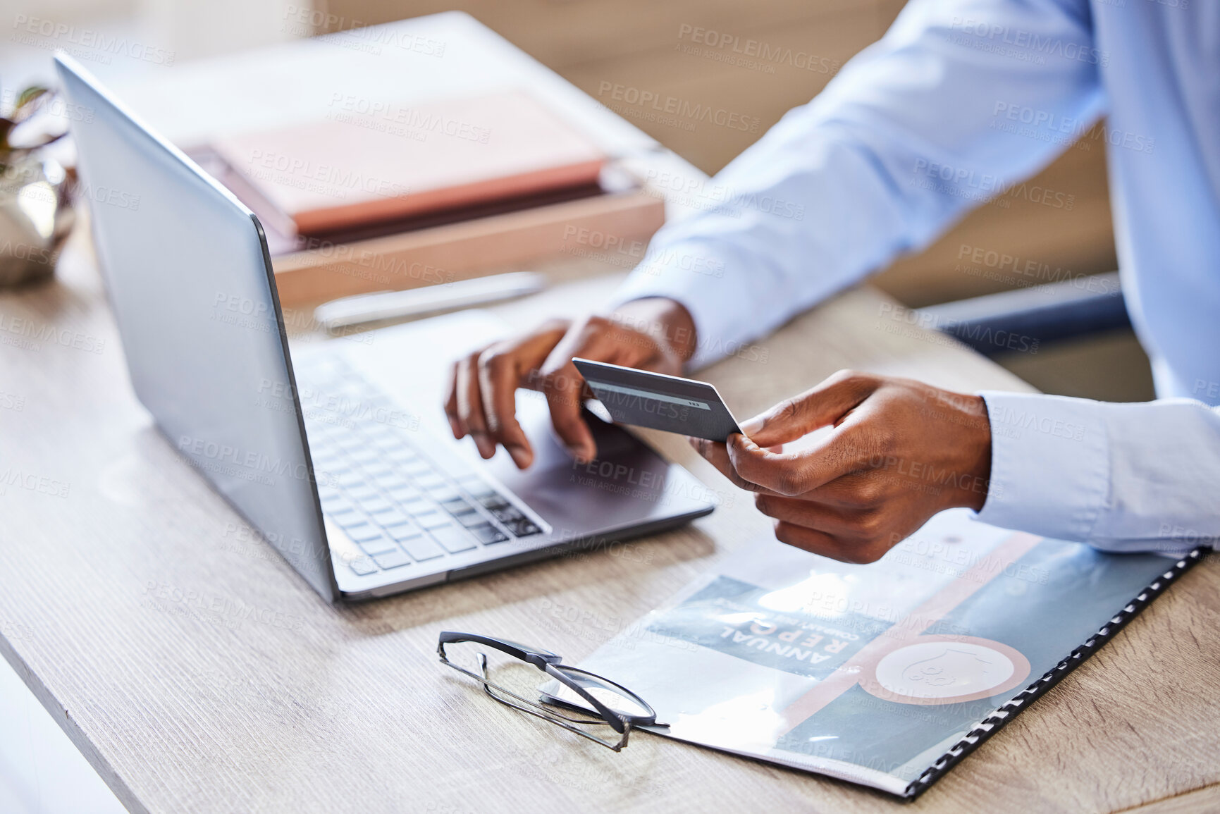 Buy stock photo Credit card, laptop and finance with hands of businessman for investments, savings or online shopping. Accounting, fintech and digital payment with black man customer for budget, banking or trading