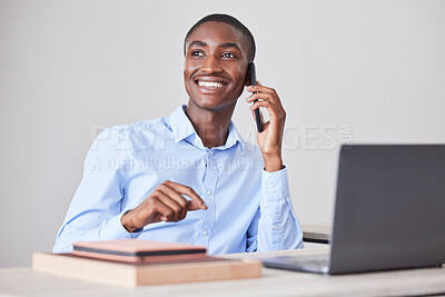 Buy stock photo Phone call, happy or black man with success for communication, networking or startup company deal in office building. Smile, laptop or man with smartphone for contact, planning agenda or schedule.