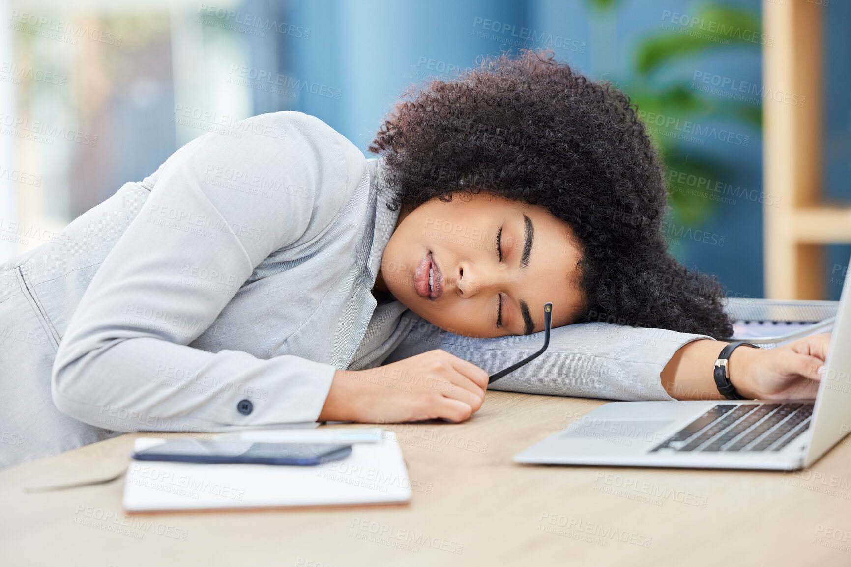 Buy stock photo Black woman, sleeping and office desk while tired, burnout and fatigue while asleep by laptop at corporate company, head on table to relax. Lazy entrepreneur exhausted and sleepy due to work stress