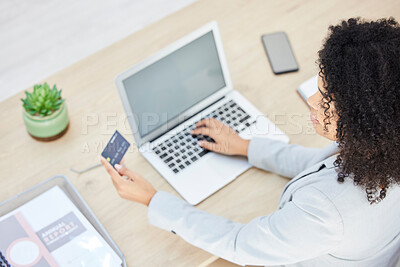 Buy stock photo Top view, laptop and business woman with credit card for online shopping, payment or banking. Mock up, ecommerce and fintech with female employee on computer with debit card for transaction in office