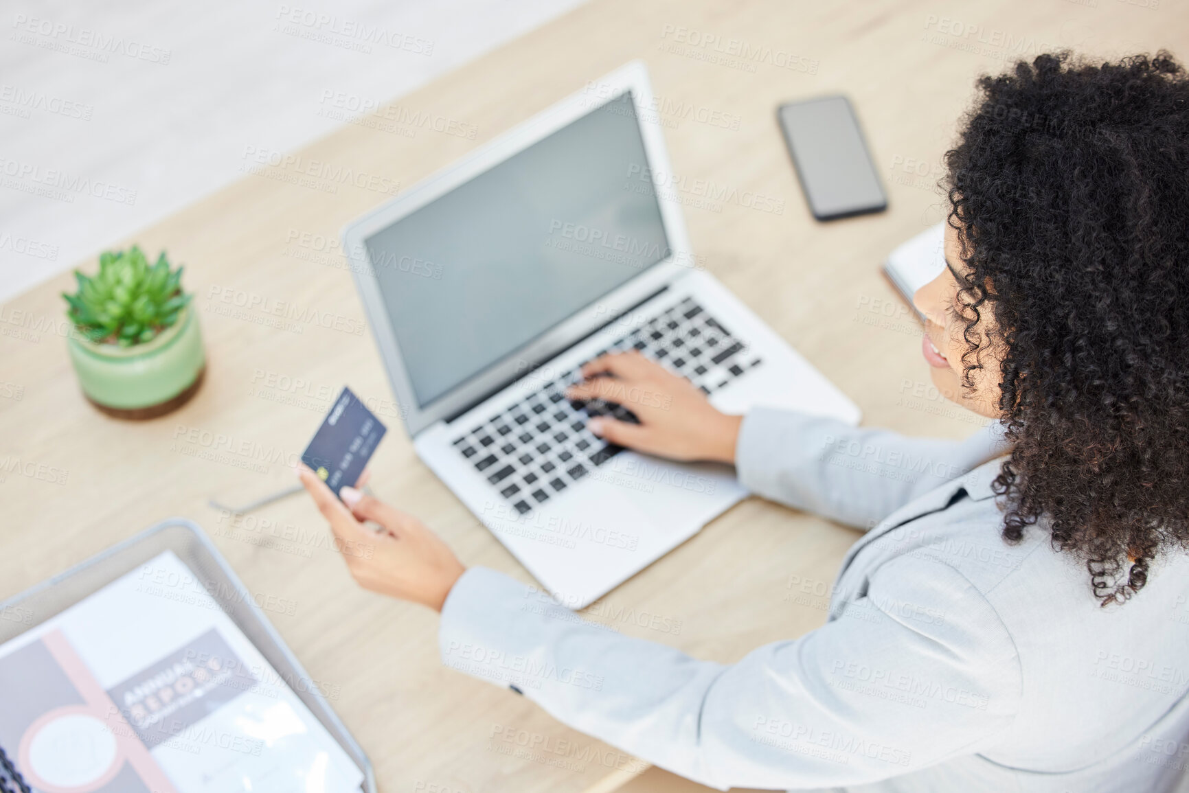 Buy stock photo Top view, laptop and business woman with credit card for online shopping, payment or banking. Mock up, ecommerce and fintech with female employee on computer with debit card for transaction in office