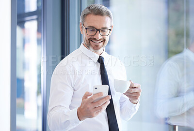 Buy stock photo Phone, coffee and happy businessman in office scrolling on social media, mobile app or the internet. Technology, professional and male manager, leader or boss reading blog on cellphone in workplace.
