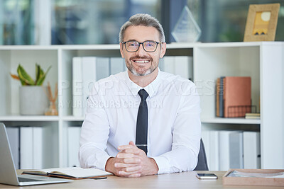 Buy stock photo Office, portrait and businessman or corporate boss working at his desk for financial advisor, investment and accounting management career. Leadership, trust and smile business man on laptop planning