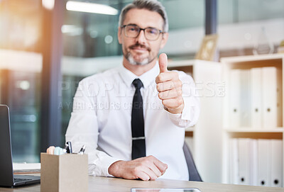 Buy stock photo Success, ceo or businessman with thumbs up feedback for job interview hiring or reaching sales goals or target. Yes, trust or hr manager with good news or thumb up positive hand gesture after review