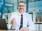 Elderly businessman, handshake and portrait smile for welcome, greeting or introduction at office. Happy senior employee accountant with laptop and hand gesture for shaking hands, deal or agreement