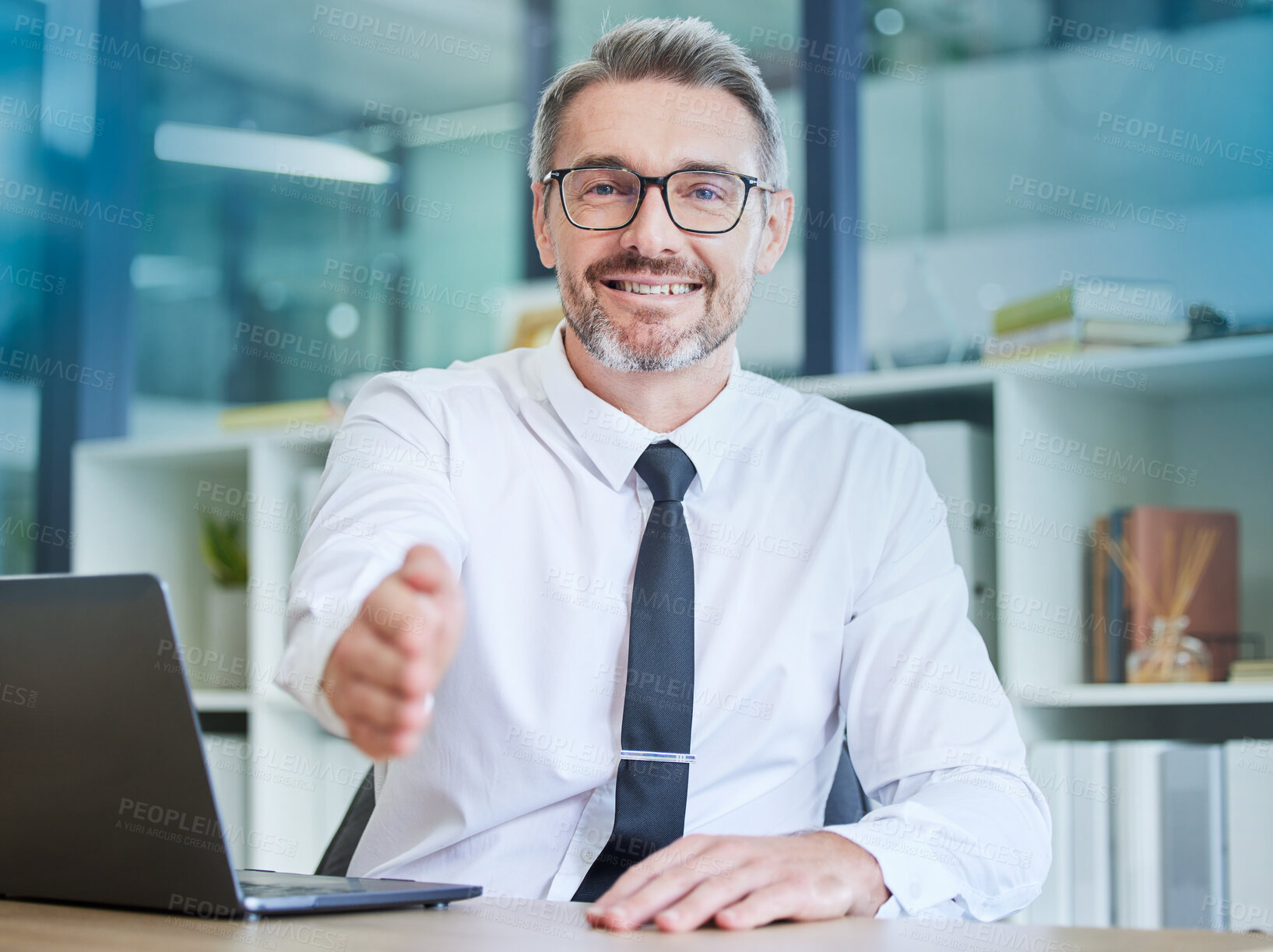 Buy stock photo Businessman, handshake and portrait smile for welcome, greeting or introduction at office. Happy senior employee accountant with laptop and hand gesture for shaking hands, deal or agreement