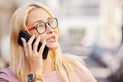 Buy stock photo Phone call, city and business woman networking, online communication and negotiation for design, brand strategy and marketing. Blurred background, urban and creative startup woman talk on smartphone