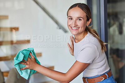 Buy stock photo Portrait of woman with window for cleaning service using cloth in an apartment, home or house with wealth, hospitality or business. Happy woman face or cleaner in spring cleaning job and wiping glass