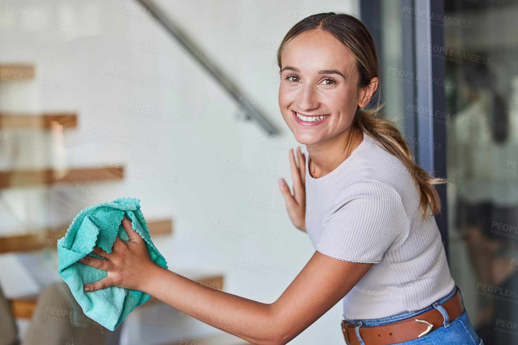 Buy stock photo Portrait of woman with window for cleaning service using cloth in an apartment, home or house with wealth, hospitality or business. Happy woman face or cleaner in spring cleaning job and wiping glass