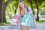 Shopping, phone call and shocked woman in city with surprise, omg and wow expression on face outdoors. Retail, shopping mall and female with smartphone surprised from sale, discount and store bargain