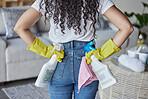 Cleaning, housekeeping and hands of woman with cloth, cleaning products and detergents in living room. Housework, cleaning service and back of girl ready with spray bottle for spring cleaning home