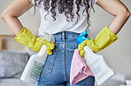 Cleaning, housekeeping and hands with cleaning products, cloth and detergents for dirt, dust and washing. Housework, cleaning service and back of woman ready for spring cleaning, chores and hygiene