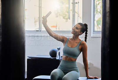 Buy stock photo Fitness, gym and woman taking selfie with phone in home studio for social media post, wellness blog and network. Health, sports and happy girl with smartphone after exercise, workout and training
