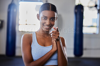 Buy stock photo Fitness, woman in gym with exercise and portrait, body training with bodybuilder, cardio and sports motivation. Smile, happy and workout with wellness and healthy lifestyle, athlete point at camera.