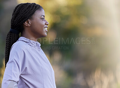 Buy stock photo Black woman runner, smile and focus for outdoor training summer exercise or workout in nature. Happy fitness expert, running and vision for marathon, race or competition for health, wellness and body