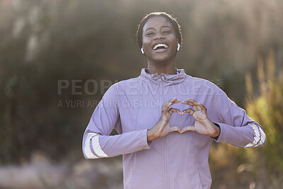 Buy stock photo Black woman portrait, fitness and heart hand sign of a athlete showing love for nature and sports. Happy, excited and laughing sport woman on a run outdoor feeling freedom and gratitude from running