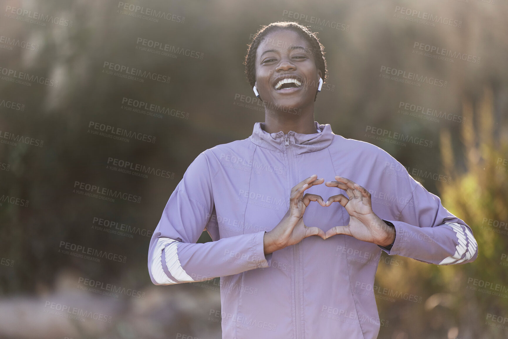 Buy stock photo Black woman portrait, fitness and heart hand sign of a athlete showing love for nature and sports. Happy, excited and laughing sport woman on a run outdoor feeling freedom and gratitude from running