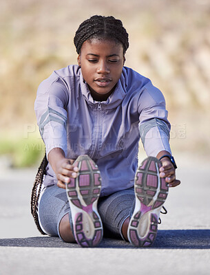 Buy stock photo Exercise, black woman and stretching outdoor for wellness, health and fitness. Nigerian female, healthy lady and athlete training, workout and sports for power, practice or cardio for energy or relax