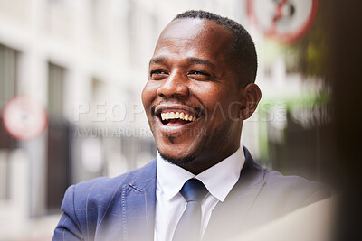 Buy stock photo Business, black man and smile in city, success and happy outdoor for startup company, manager and relax. Male Nigerian, entrepreneur or ceo on street, confident and leadership for corporate or formal